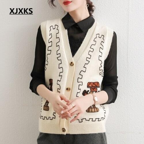 XJXKS Vests Women Single Breasted Knitted Ulzzang Street Style Fashion Student Outwear Casual Autumn Soft Lovely Retro Cardigan