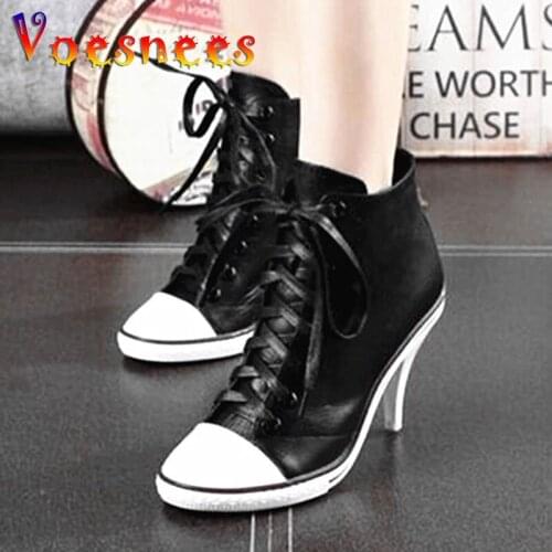 2019 New Genuine Leather Womens Shoes High Heels 6-8cm Female Spring Autumn Cross-tied Boots Ladys Boots Martin Boots