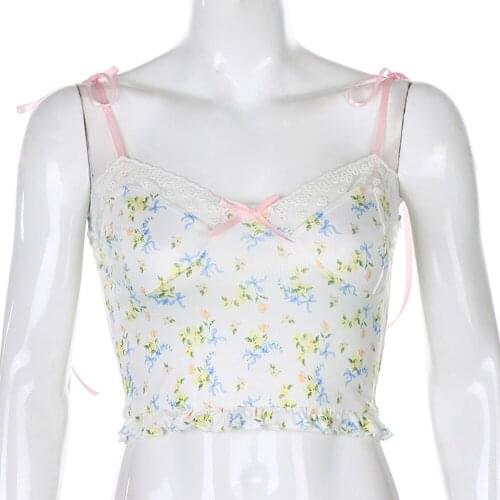 Women Lace Hem Floral Printed Y2k Tops Women Summer Sleeveless Cute Camis Ladies Backless Mini Aesthetic Tank Tops Streetwear