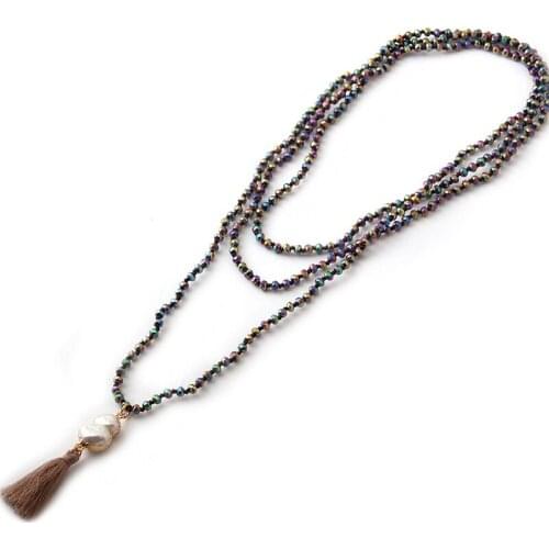 Fashion mini multicolor crystal knotted beads Necklace Handmade Women freshwater pearl tassel charm Long Necklace