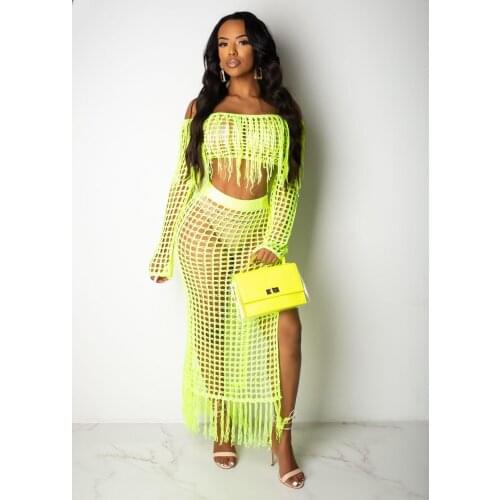 Fashion casual womens solid color mesh fringed beach dress two-piece suit