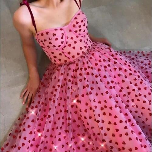 2021 Pink Glitter Heart Tulle Bustier Midi Dress Summer Casual Love Sling Polka Dot Elegant Formal Evening Party Vestido