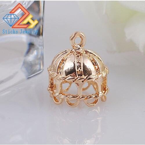 2 pcs/lot Sticks Jewelry 13 mm Fashion Charms Gold Plate Copper Hollow Out Crown Tassels and Cap Charms for Diy Accessories