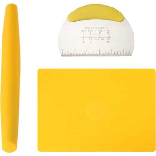 3Pcs/Set Food Grade Silicone Pastry Mat Set Non-Stick Flexible DIY Dough Scraper Kit Dough Roller Set Stainless Steel Scraper