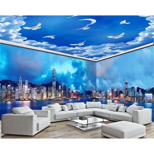 3d Home Wallpaper for Living Room Hong Kong Night View Sea Surface Sky Whole House Background Wall Painting Beautiful Wallpaper