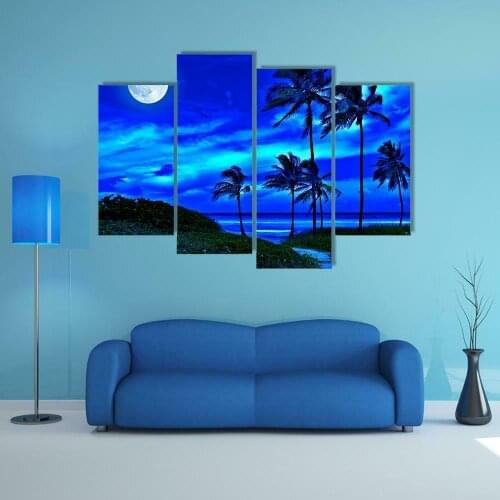 4 Pcs Blueness Romantic Tropical Beach Night Canvas Wall Art Pictures Prints Set Living Room Decor Canvas Pictures Wall Decor