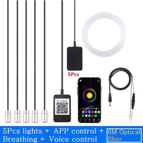 5Pcs Car Atmosphere Light Lamp APP Control 64 Colors DIY Soft Refit Optic Fiber Band For Car Interior Decorative Light