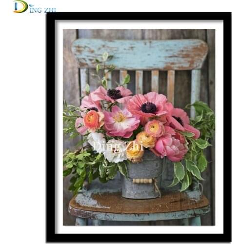 5D Diy Diamond Embroidery Flower Iron Bucket Vase,Old Wooden Stool Mosaic Diamond Painting Full Square Round Rhinestone