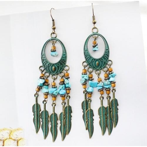 Bohemia Leaf Tassel Drop Earrings Water drop beads Natural stone Long Alloy Tassel Hanging Vintage Earrings Orecchini Bijoux