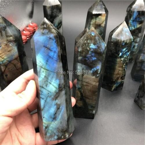 Large natural labradorite point with good flash crystal tower