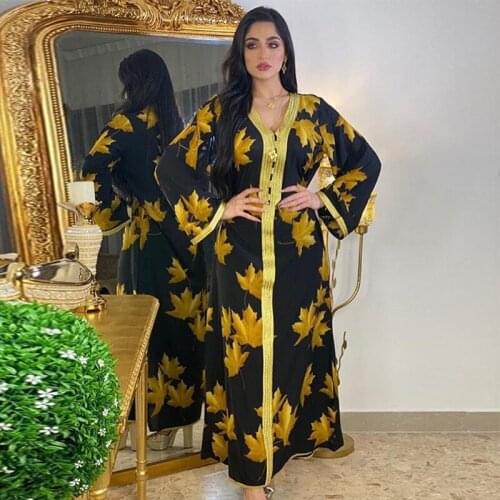 Turkish womens long skirt ethnic ribbon patchwork V-neck long-sleeved robe dress Arab Muslim Islamic clothing black bottom gold