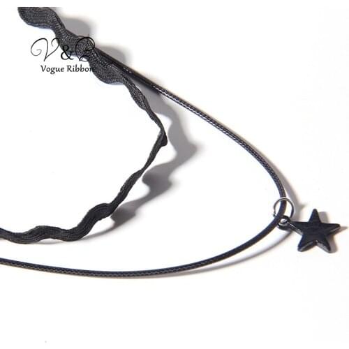 2 Rows Chocker Necklace Imitation Rhodium Plated Long Row With Shiny Black Plated Star Pendant Fashion Gothic Necklace Jewelry