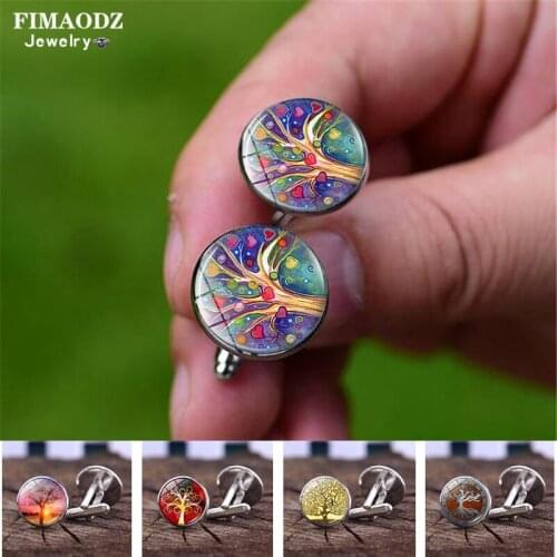 FIMAODZ Vintage Tree of Life Cufflinks Colorful Life Tree Art Picture Glass Cabochon Suit Shirt Cuff Links Men Accessories