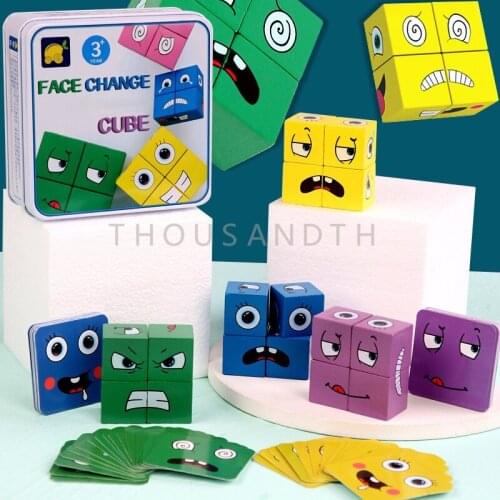Montessori Face Changing Cube Emotional Matching Puzzle Tangram Wooden Puzzle with Metal Box Early Learning Gift for Kid
