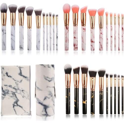 10pcs Marble Pattern Makeup Brushes Professional Cosmetics Tool Plastic Handle Brow/Lip/Blush/Foundation Brush Beauty Brush Bag