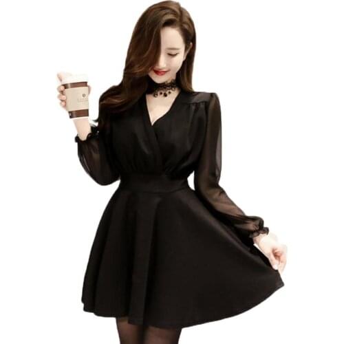 Summer 4xl Plus Size Women Dresses 2018 Black Vintage Chiffon Vneck Long Sleeve Vneck Sundress Sexy Party Office Ladies Sundress