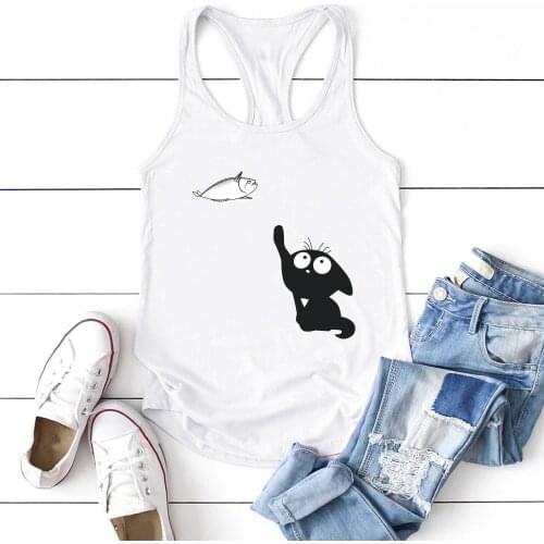 2020 Casual Cat Catch Fish Print Tank Top Women Sleeveless Summer Vest Femme Cotton Crew Neck Tank Tops for Girls Ropa De Mujer