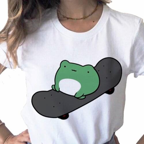 Skateboard Frog Dinosaur Cute Shirt print ladies T-shirt casual basis O-collar white shirt short sleeve ladies T-shirt,Drop Ship