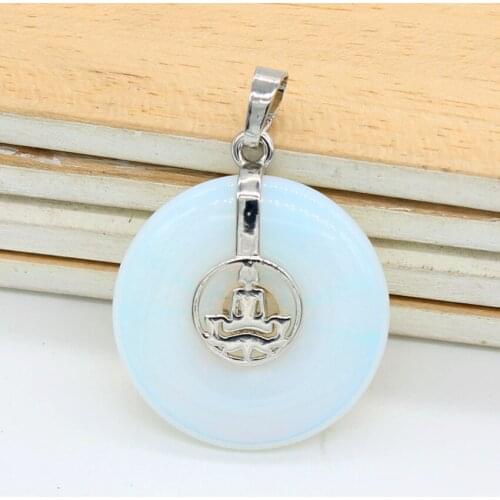 Trendy-beads Religious Style Silver Plated Round Hollow Yoga Meditation Opalite Opal Pendant Spiritual Jewelry