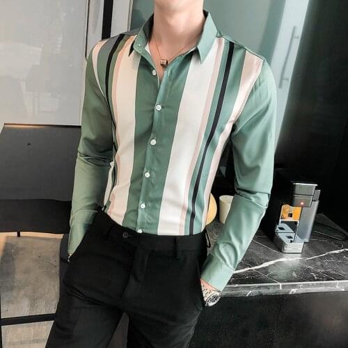 2020 Striped Shirts Men Long Sleeve Slim Fit Casual Dress Shirt Business Formal Streetwear Social Party Blouse Camisa Masculina