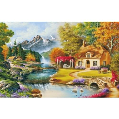 5D Diy Poured Glue Diamond Painting Kits Scalloped Edge Embroidery Village Landscape Mosaic Rhinestones Wall Stickers Decoration