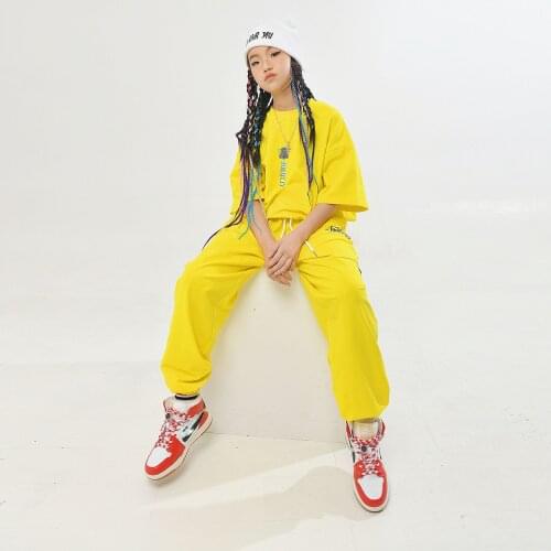 2021 New Yellow Tops Loose Pants Suit Hip Hop Dance Costumes For Kids Children Jazz Modern Dance Outfits Rave Clothes DQS6817