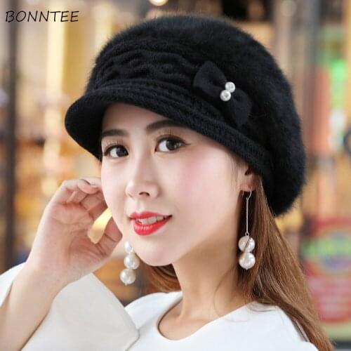 Beanies Women Plus Velvet Warm Trendy Floral Caps Knitted Thicker Soft Hat Simple Womens Korean Elegant Skullies Cute Beanie