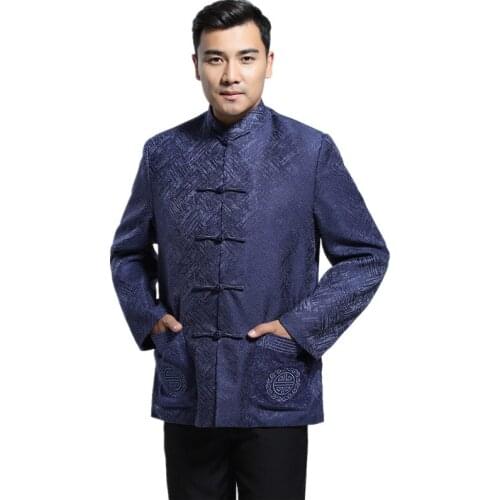 Autumn New Navy Blue Men Cotton Jacket Chinese Style Kung Fu Coat Vintage Totem Outwear Size M L XL XXL XXXL