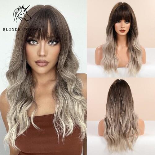 Blonde Unicorn Ombre Grey Brown Long Wavy Synthetic Wig for White Black Women Daily Party High Density Temperature Fibre