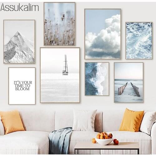 Snow Mountain Print Cloud Poster Natural Landscape Canvas Painting Plant Hay Posters Sea Nordic Wall Pictures Living Room Decor