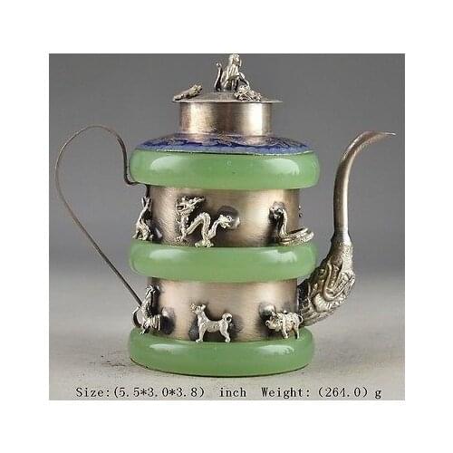 Superb Jade Old Handwork Armored Zodiac Exorcist Collectable Tea Pot Garden Decoration 100% real Tibetan Silver Brassroom Art