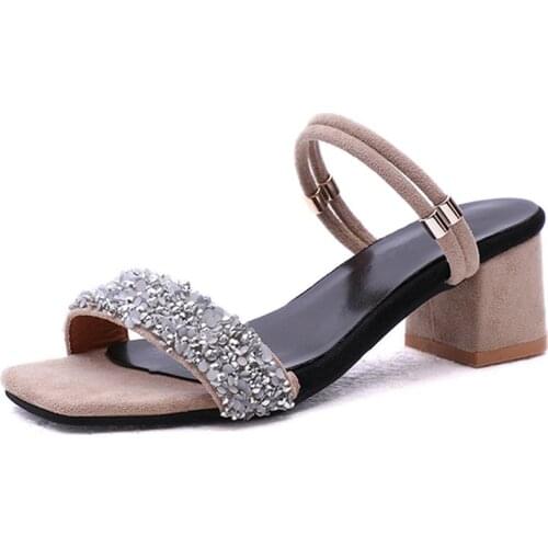 Aphixta Shoes Women Sandals Luxury Crystal Shoes Summer Open Toe Buckle Chunky Heels Rhinestone Slippers Silver Gold Large Size