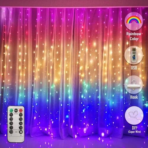 3M LED Rainbow Garland Curtain Lights 5V USB Christmas Fairy String Lamp With Hooks Holiday Decoration For Wall Bedroom Window