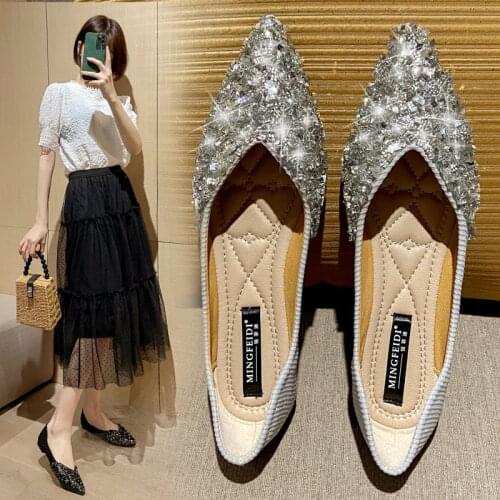 Paillette Knitting sneaker shoes women bling ballerina woman flats espadrilles loafers pointed toe glitter moccasins big size 43