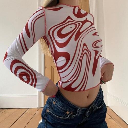 Women Sexy Bodycon T Shirt Autunmn Women Long Sleeve O-neck Crop Top Ripple Printing Tops Ladies Retro T-Shirt