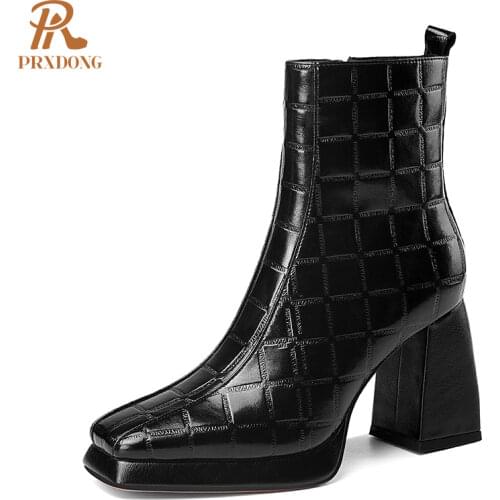 New Winter Sexy Boots Top Quality Genuine Leather Women Ankle Boots High Heels Platform Female Shoes Zipper Square Toe Lady 2021