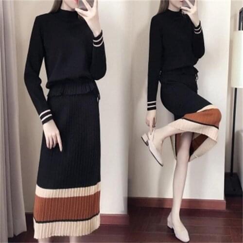 Sweater suit Autumn New womens fashion suit womens long sleeve color matching sweater + pleated skirt two-piece suit womens