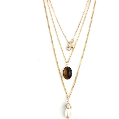 Simulated Pearl Tiger Eye Pendant Necklace Women With Crystal 2019 Boho Multilayer Necklaces & Pendants Female Jewelry SNE160063