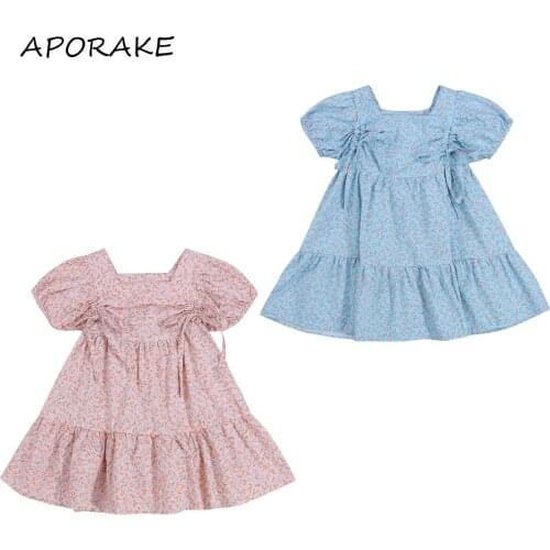 2021 2-7Y Boho Kids Baby Girls Dress Summer New Floral Print Puff Short Sleeve Square Collar Bandage Tunic Pleated Long Dress