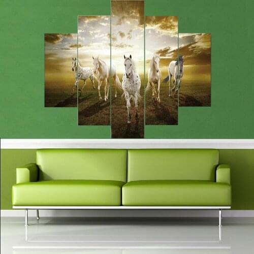 5 Panel Canvas Art Wall Decor Modern Animal White Horse Poster Decoration Decorative Framework Bedroom Moduiar Pictures