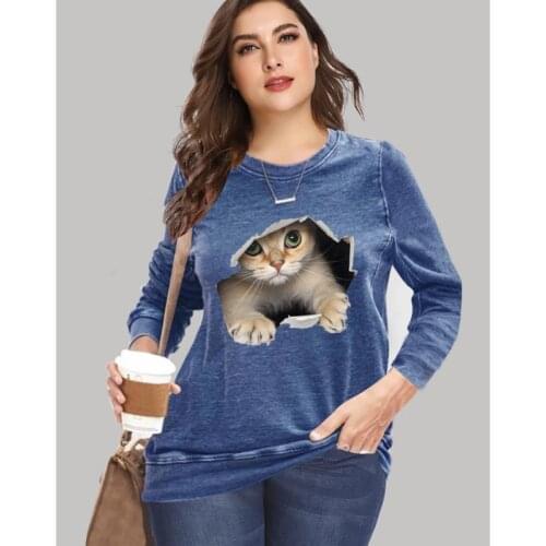 6XL Plus Size for Big Ladies 2021 Autumn New Women Fashion Long Sleeve O-Neck Stylish Cat Print Loose Oversize T Shirt Tops