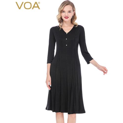 VOA Silk 33m/m Double-Sided Knitted Deep V-neck Cutout Lace Stitching Beaded Buckle Sexy Backless Dress AE293