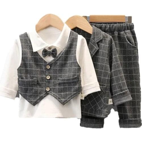 2021 Boys Three-piece Suit Childrens Suit Baby Boys Autumn Suit Plaid casual suit +Vest Kid Catwalk Show New