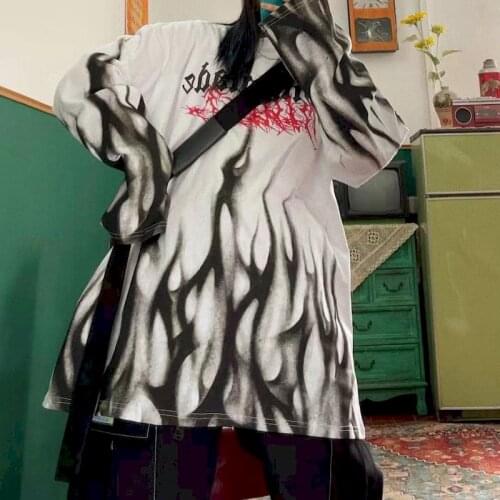 Harajuku oversized gothic women T-shirt dark flame print vintage y2k anime hip-hop loose BF long-sleeved top couple trendy cloth