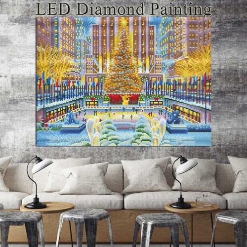 HUACAN LED Light Diamond Painting Winter Landscape Embroidery Cross Stitch Kits Christmas Decorations For Home