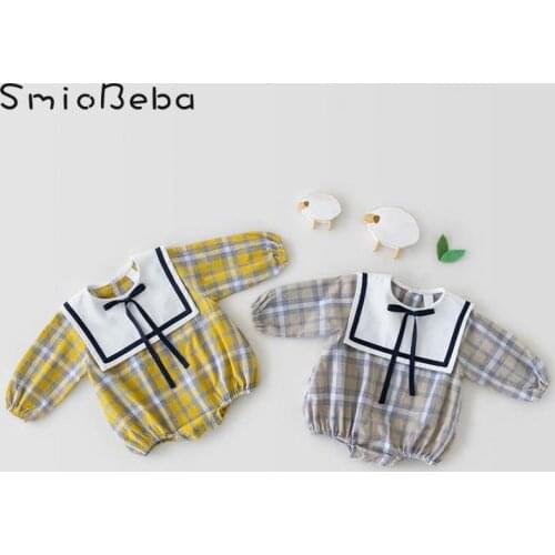 Autumn 2021 Korean Plaid Navy Collar Romper Baby Girls Dress Cute One Climbing Suit Bebek Tulum Pajacyki Dla Niemowlat Jumpsuits