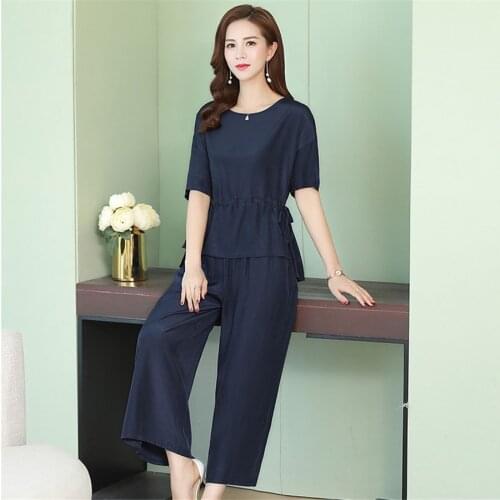 Summer Two Piece Set Women Suits 2020 Solid O-Neck Tops and Wild pant Casual Tracksuit 2 Piece Set