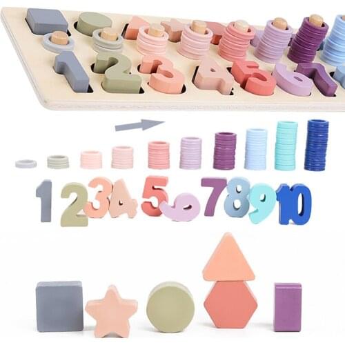 Kid Multi-Functional Macaron Color Wooden Color Number Shape Logarithmic Board Toy Early Learning Blocks Jigsaw Teaching Puzzle