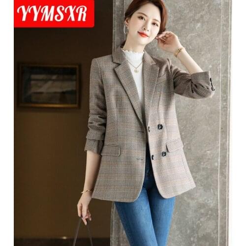 2021 Autumn and Winter New Womens Jacket High-quality Long-sleeved Professional Overalls Womens Double-breasted Suit Plaid