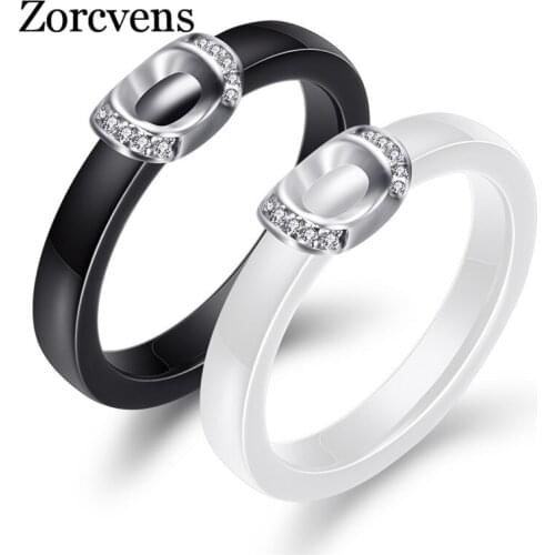ZORCVENS Wedding Rings Black White Colors " U " Shape Metal AAA Cubic Zircona High Polished Smooth Ring for Wedding Gift